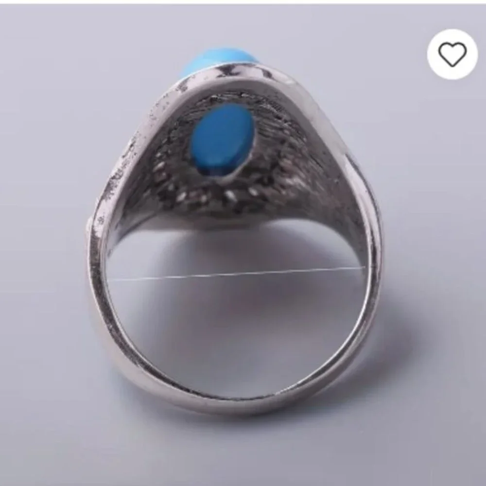 Southwestern Textured Blue silver Long Oval Ring size 7 Bohemian *